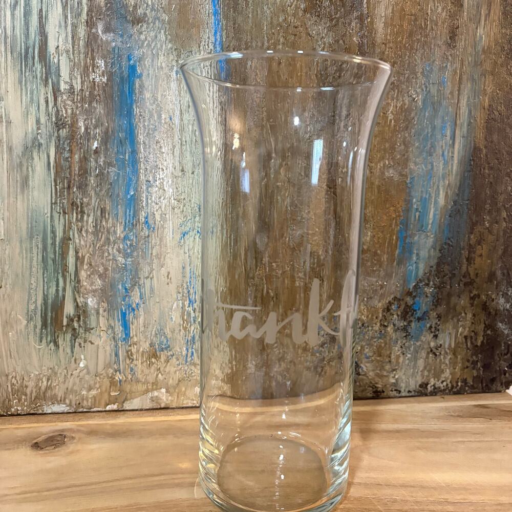 Thankful Etched Glass Vase Fall Autumn Thanksgiving Holiday Tablescape Decor